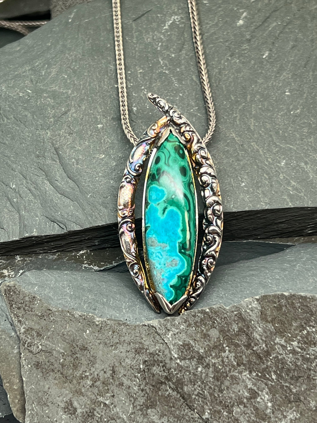 Chrysocolla and sterling silver pendant